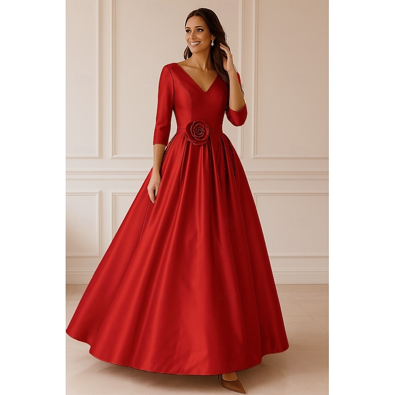 Red Pink Black A-Line Evening Gown Elegant Dress Formal Wedding Floor Length 3/4 Length Sleeve V Neck Stretch Satin with Ruched 2025