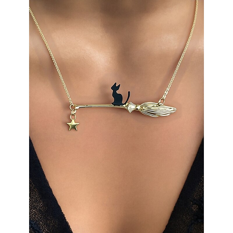 Women's Halloween Witch Broom Necklace with Black Cat and Star Pendant – Cute and Elegant Jewelry for Halloween Parties and Themed Occasions3