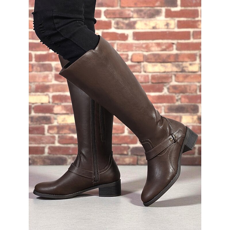 Women's Brown Extra Wide Calf Knee High Boots with Side Zipper and Buckle – Casual Comfortable Riding Boots for Work, Streetwear and Daily Wear2