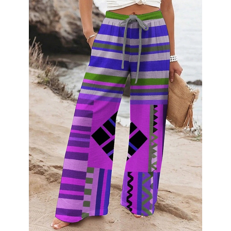 Women's Wide Leg Pants Trousers Ethnic Style Retro Vintage Long High Waist Geometic Elastic Waist Printing High Cut Breathability Soft Micro-elastic Vacation Street Daily Wear Yellow Purple Fuchsia3