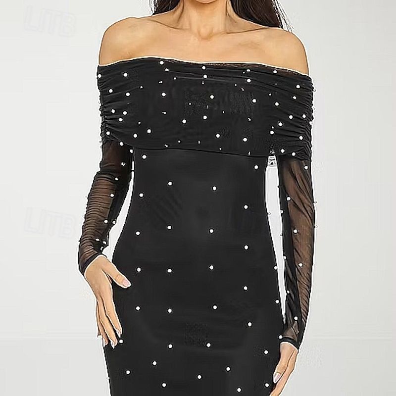 Black Tie Mesh Mermaid / Trumpet Evening Gown Pearls Elegant Dress Formal Wedding Sweep / Brush Train Long Sleeve Off Shoulder with Ruched 20252