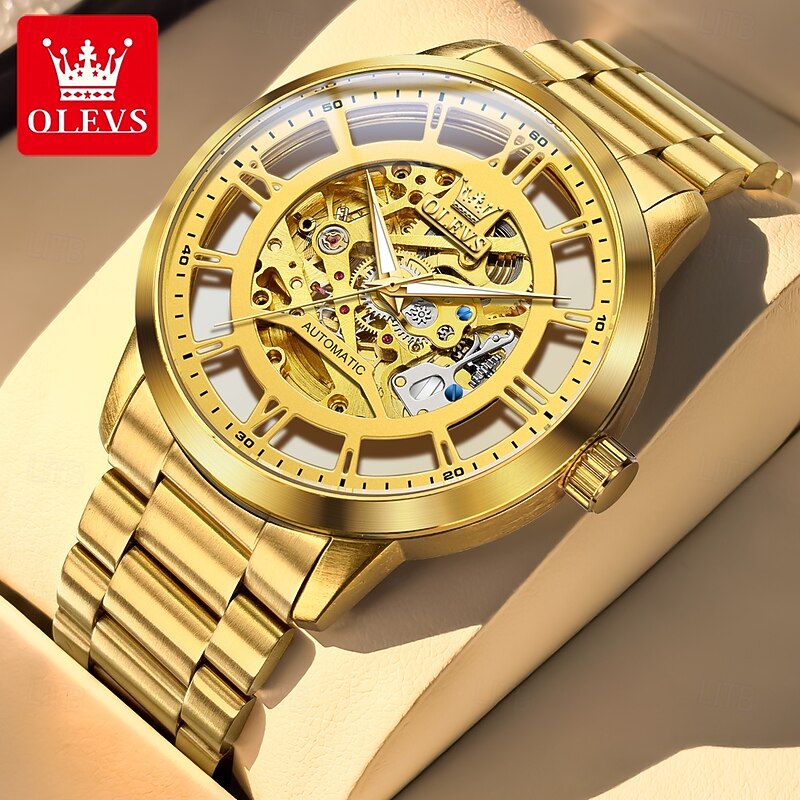 OLEVS 6728 Mens Watch Original Skeleton Automatic Mechanical Watch Waterproof Luminous Watches For Man Stainless Steel Watch