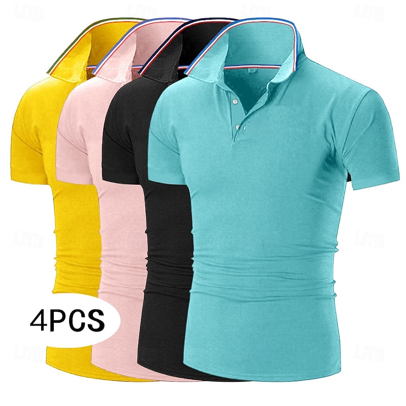 4pcs Men's Golf Shirt Pique Polo Shirt Business Casual Ribbed Polo Collar Short Sleeve Fashion Basic Solid Color Buttons 4-Piece Summer Spring & Fall All Seasons Slim Fit Blue black Gplf Polo