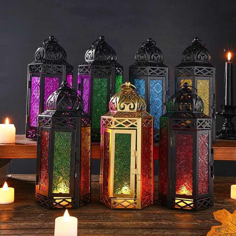 Vintage Iron Hanging Candle Lantern – 6-Sided Colored Glass Decorative Holder, Windproof Metal Tealight Lantern for Home, Bar, Restaurant, Wedding, Party Décor & Gift