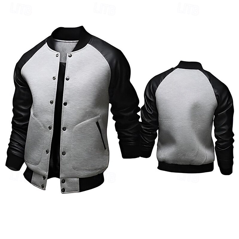 Men's Bomber Jacket Transition Jacket Varsity Jacket Training Vacation Leather Sleeved Spring Fall Solid Color Basic Regular Black White Light Grey Dark Gray Jacket3
