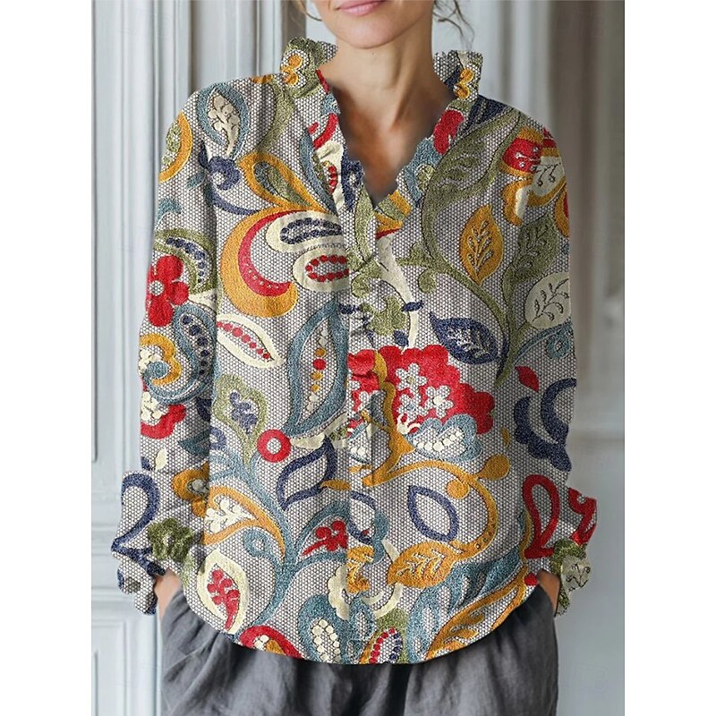 Women's Boho Shirt Floral Elegant Bohemia Active Long Sleeve V Neck Work Daily Holiday Ruched Ruffle Pink Purple Brown Green Khaki Spring Fall4