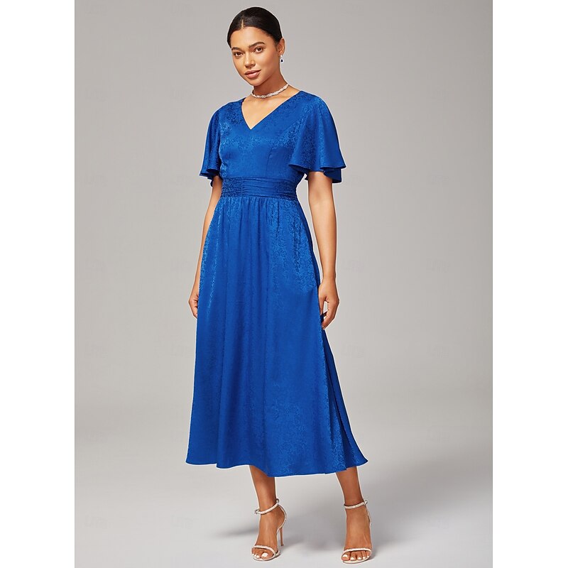Women's Wedding Guest Royal Blue Maxi Dress V Neck Subtle Jacquard Lustrous Satin Elegant Stylish Noble Waist Cinching Slim Fit Party Daily Fall3