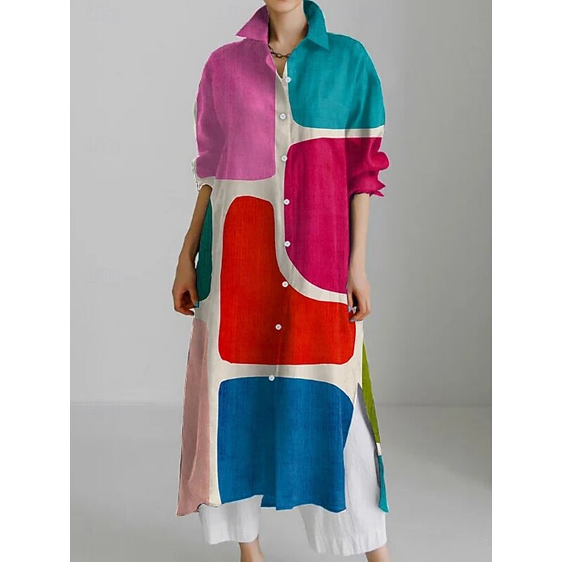 Women's Midi Dress Shirt Dress Casual Dress Fashion Modern Daily Holiday Weekend Regular Fit Geometric Color Block 3/4 Length Sleeve Shirt Collar Blue Fuchsia Orange Summer Spring Fall
