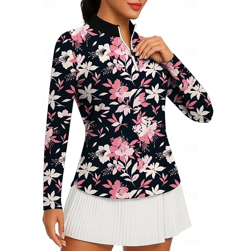 Women's Floral Tops Golf Polo Shirt Tennis Shirt Tennis Tee Long Sleeve Floral Print Quarter Zip UV Protection Elastic Breathable Volleyball Tennis Golf Stand Collar Zip Collar Shirt Polo Pink Tennis3