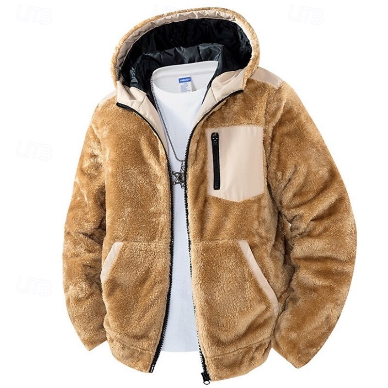 Men's Fleece Jacket Hoodied Jacket Formal Home Warm Pocket Hooded Fall Winter Solid Color Fashion Daily Shirt Collar Short Black Khaki Coffee Jacket