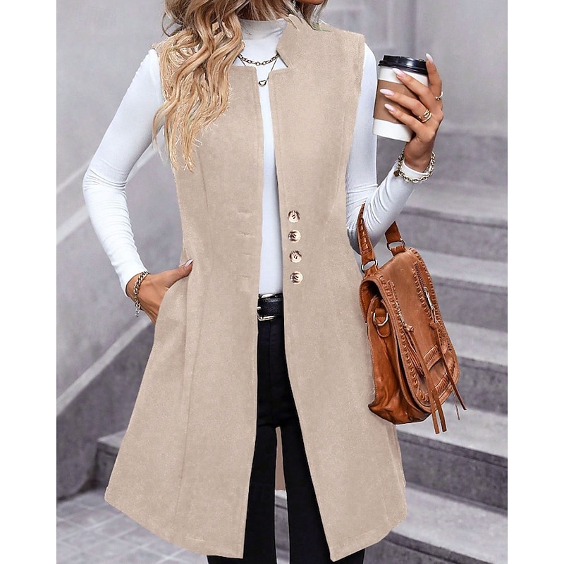 Women's Vest Blazer Comfortable Buttons Fashion Outdoor Plain Holiday Going out Weekend Single Breasted Long Stand Collar Regular Fit Sleeveless Outerwear Black Red Apricot Fall Winter