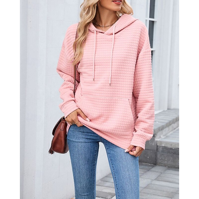 Women's Texture Blouse Pullover Hoodie Sweatshirt Plain Streetwear Casual Long Sleeve Hooded Regular Tops Street Holiday Going out Pocket Black Pink Brown Khaki Gray Fall2