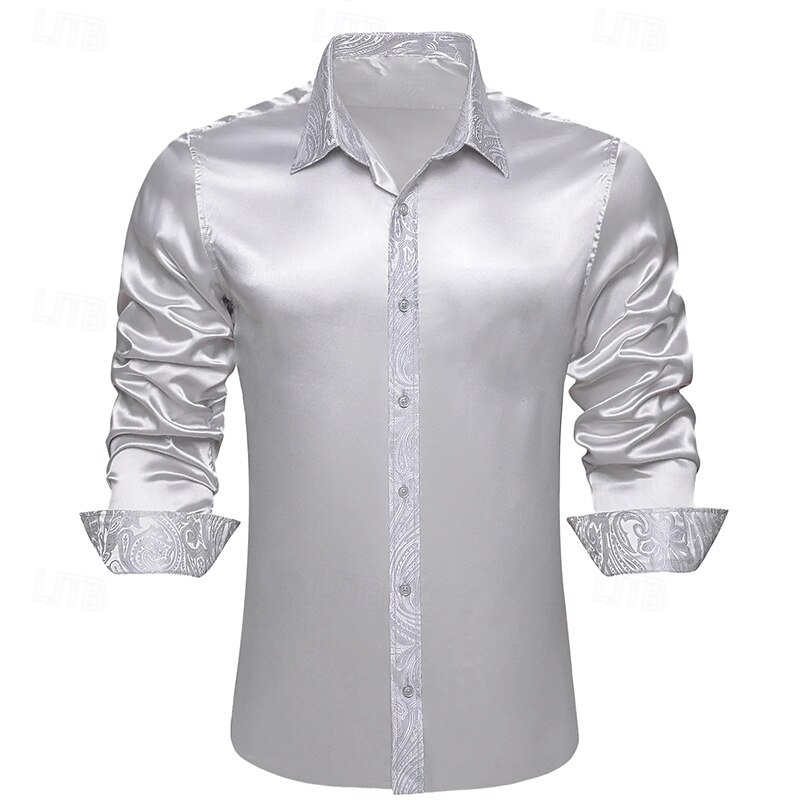 Men's Shirt Silk Like Satin Shirt Casual Shirt Button Up Shirt Prom Shirt Plain Wedding Business Silver Long Sleeve Lapel Spring &  Fall All Seasons Clothing Apparel Patchwork