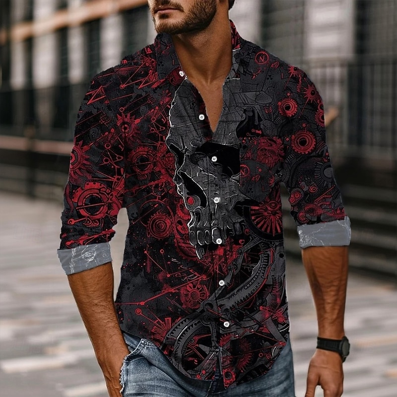 Men's Skull Day of the Dead Rose Shirt Button Up Shirt Long Sleeve Dark Gothic Style Holiday Spring Fall Turndown 3D Print Collared Shirts Front One Pocket Red Dark Blue