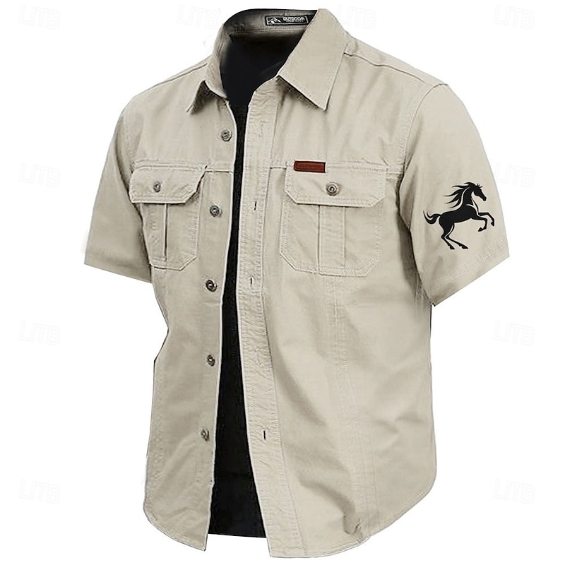 Men's Animal Horse Work Shirt Western Shirt Cargo Shirt Short Sleeve Casual Tactical Sports Outdoor WorkWear Summer Spring Turndown Front Two Pockets Cotton Button Up Shirts Army Green Khaki Dark2