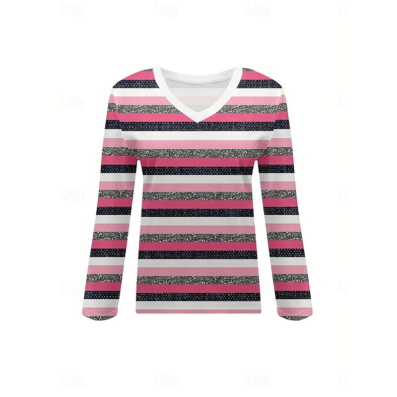 Women's T Shirt Graphic Geometric Color Block Vintage Stylish Classic Long Sleeve V Neck Regular Tops Daily Print Rose Pink Spring Fall Winter2