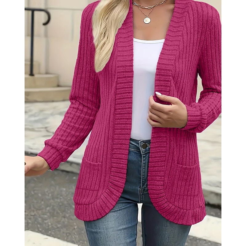 Women's Cardigan Casual Solid Color Ribbed V Neck Pocket Knitted Long Sleeve Regular Tops Knit Holiday Weekend Fuchsia Fall