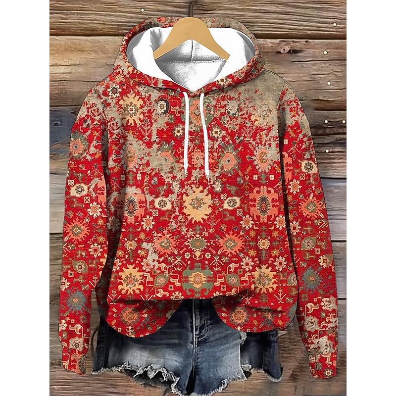 Women's Hoodie Pullover Sweatshirt Oversized Long Sleeve Casual Graphic Geometric Warm Retro Hooded Regular Tops Street Dailywear Print Wine Red Green Army Green Spring Fall Winter