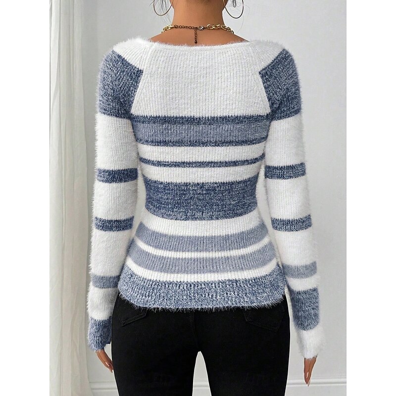 Women's Sweater Casual Soft Striped Ribbed Crew Neck Knitted Long Sleeve Regular Tops Knit Outdoor Daily Weekend Pink Blue Fall Winter4