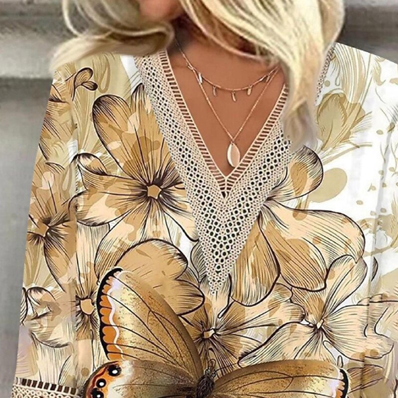 Women's Shirt Blouse Flower Modern Casual 3/4 Length Sleeve V Neck Regular Tops Daily Holiday Going out Lace Print Khaki Fall2