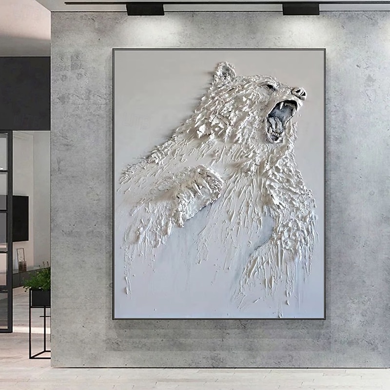 Mintura Handmade 3D Textured Polar Bear Animal Oil Paintings On Canvas Home Decoration Modern Wall Art Abstract Animal Picture For Home Decor Rolled Frameless Unstretched Painting