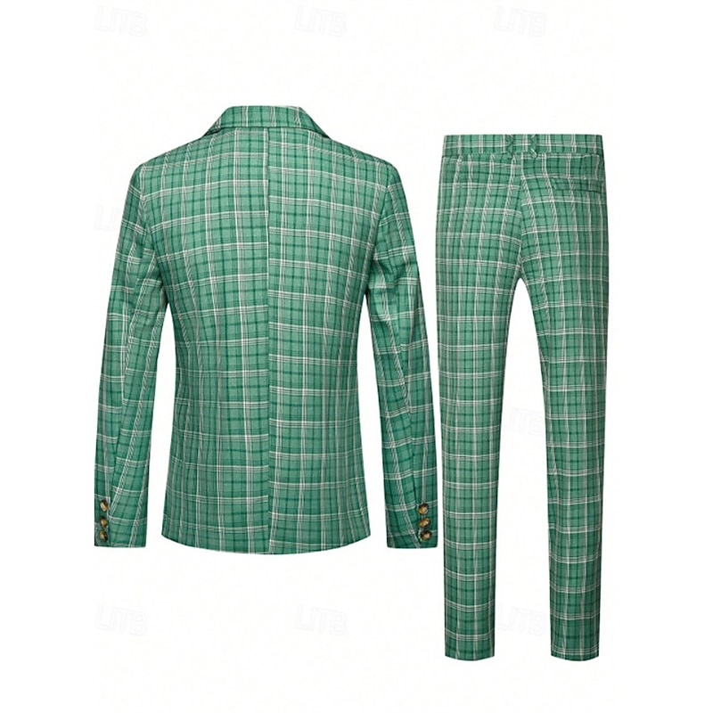 Men's Blazer Set Business Cocktail Party Wedding Party 2 Piece Fashion Casual Spring Fall Polyester Plaid Pocket Buttons Comfortable Single Breasted Blazer Green2
