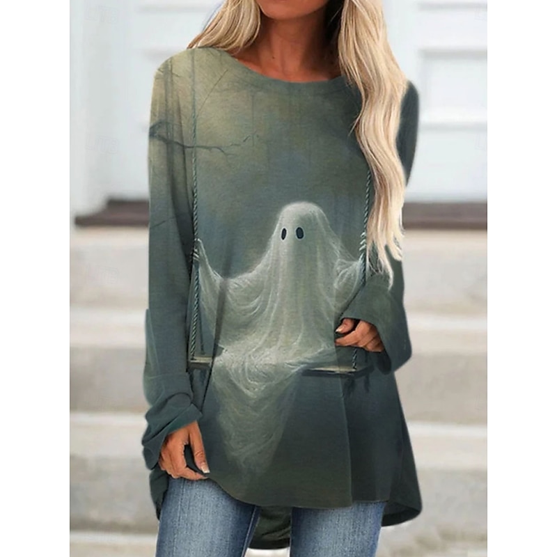 Halloween Women's T shirt Ghost Long Sleeve Graphic Vintage Stylish Classic Long Sleeve Crew Neck Regular Tops Daily Print Blue Orange Green Khaki Spring Fall Prefall - Main Image