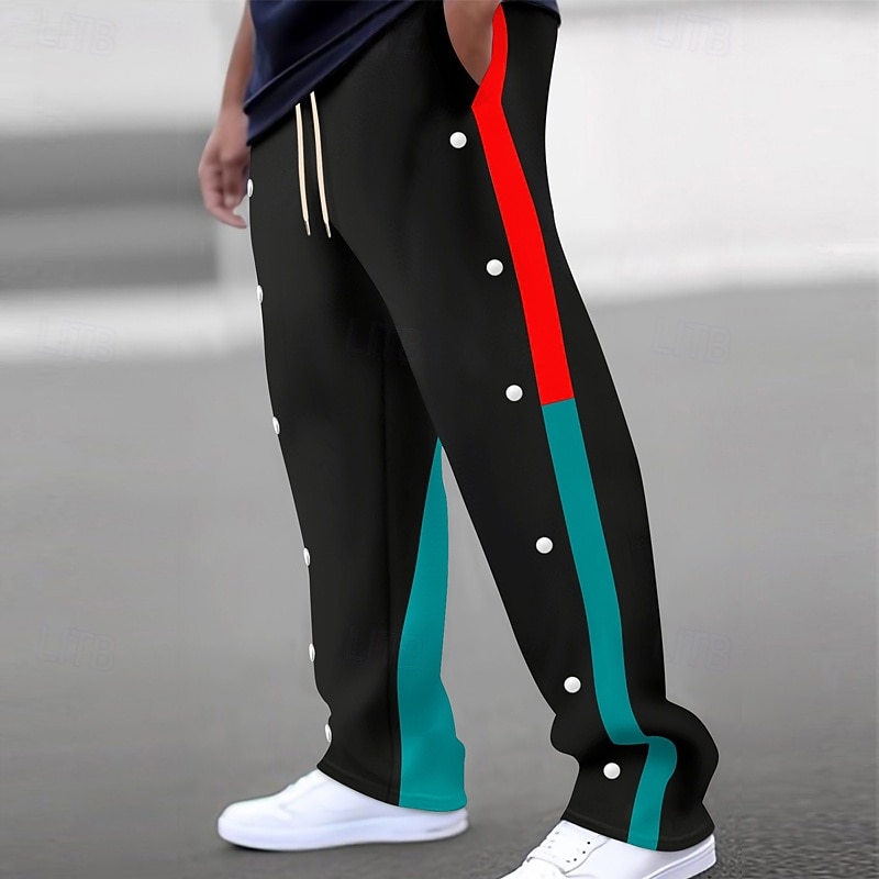 Men's Sweatpants Joggers Trousers Drawstring Elastic Waist Side Button Color Block Patchwork Comfort Breathable Casual Daily Holiday Sports Fashion Black White2