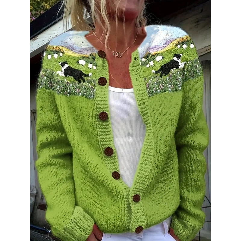 Women's Cardigan Sweater Knitted Ribbed Button Front Round Neck Long Sleeve Lightweight female Daily Animal Crew Neck V Neck Buttons Print Long Tops Knit Outdoor Weekend Green Fall Winter2