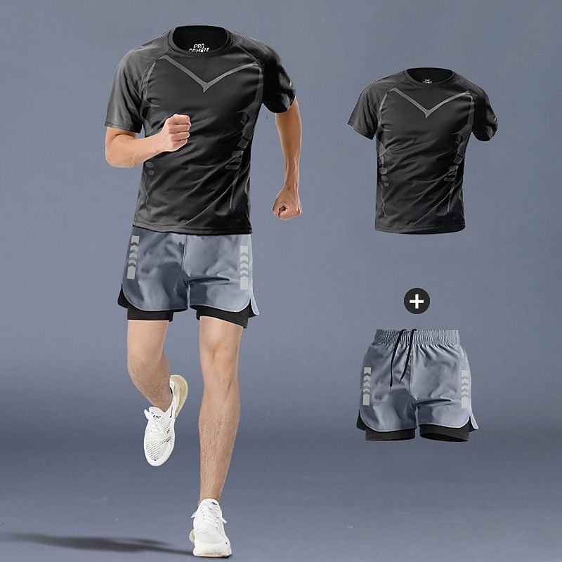 Men's Workout Suits 2 Piece Sports Set Solid Colored Clothing Suit Summer Dark Grey Gray Black Basketball Running Yoga High Waist Quick Dry Short Sleeve Sport Activewear Micro-elastic Regular Fit4