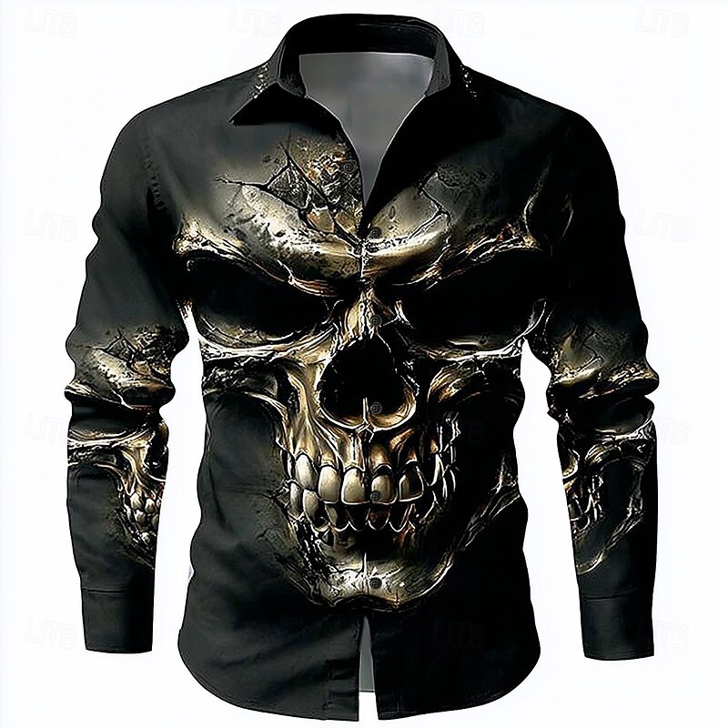 Halloween Men's Skull Death Shirt Button Up Shirt Long Sleeve Dark Punk Gothic Style Outdoor Holiday Summer Spring Turndown 3D Print Collared Shirts Black
