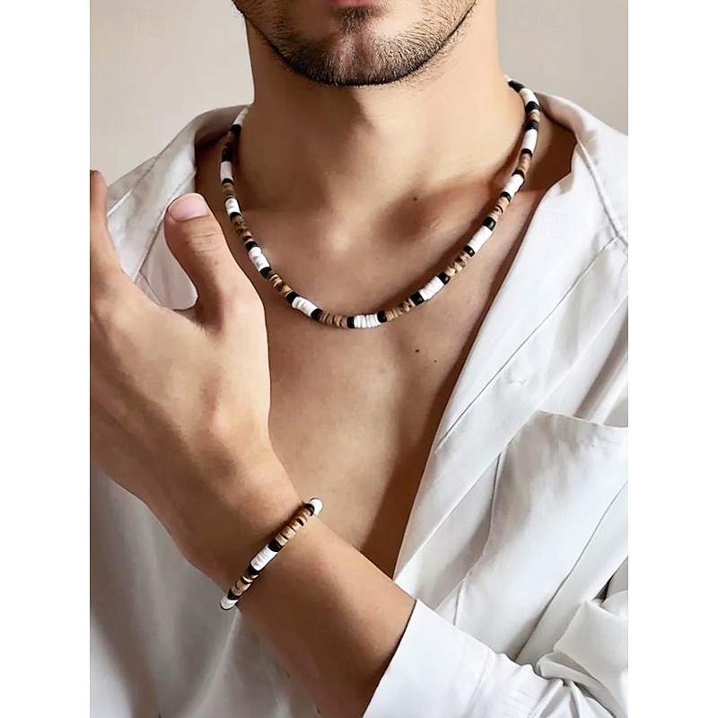 Men's Bohemian Style Beaded Necklace and Bracelet Set - White, Black, Brown Wooden Bead Jewelry for Beach, Casual Wear and Summer Parties2