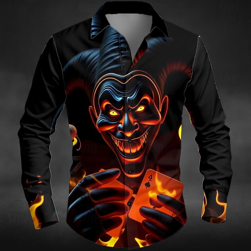 Halloween Men's Neon Glow Halloween Costumes Demon Shirt Button Up Shirt Long Sleeve Dark Punk Gothic Style Outdoor Holiday Summer Spring Turndown 3D Print Collared Shirts Black Green Black and Blue