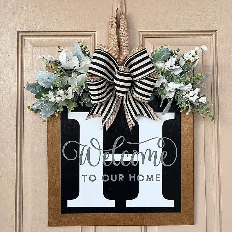 Welcome Signs with Surname for Front Door, Spring Door Wreath with bow, Creative Signs with 26 Letters for Spring Door Decoration