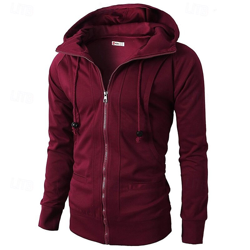 Men's Hoodie Full Zip Hoodie Fleece Hoodie Wine Red Black Army Green Navy Blue Khaki Hooded Plain Patchwork Sports & Outdoor Casual Daily Streetwear Cool Sportswear Spring &  Fall Clothing Apparel4