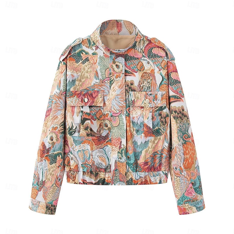 Women's Casual Jacket Comfortable Zipper Boho Vintage Floral School Vacation Home Office Short Stand Collar Regular Fit Long Sleeve Outerwear color Spring Fall