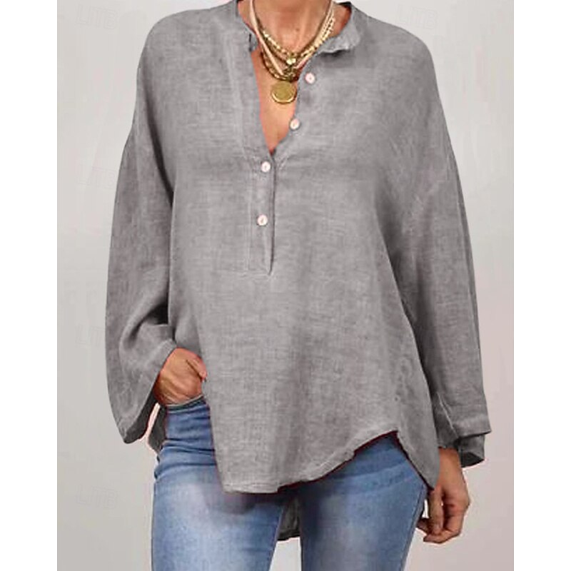 Women's Shirt Texture Blouse Blouse Plain Modern Casual Long Sleeve V Neck Regular Tops Daily Going out Buttons Asymmetric Hem Pink Royal Blue Apricot Gray Fall2