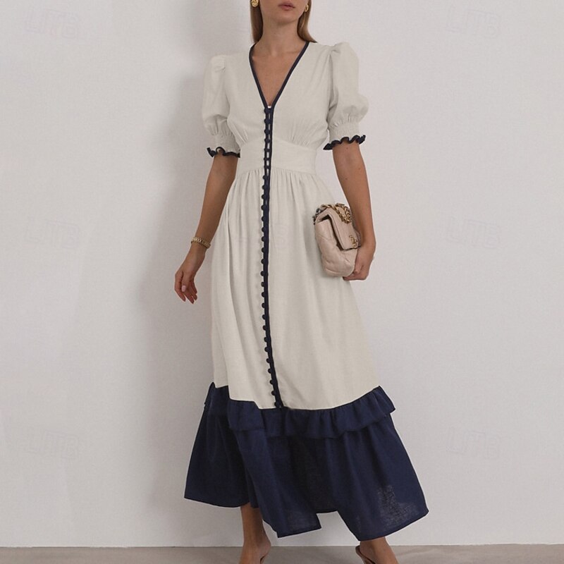 Women's 55%Linen Maxi Dress Ruffle Dress Vacation Party Birthday Puff Sleeve Office Birthday Daily Regular Fit Plain Short Sleeve V Neck Apricot Summer Spring4