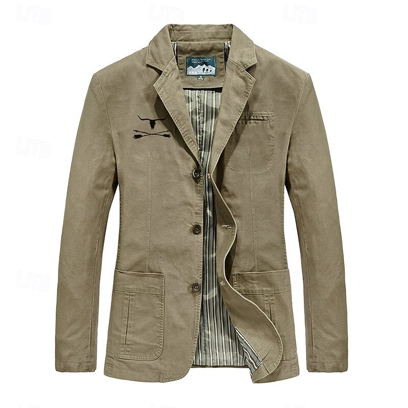 Men's Cow Print Blazer Cotton Suit Jacket Suits Coat Casual Outdoor Dailywear Multiple Pockets Three Button Stripe Lined Suit Jacket Fall Winter Notch lapel collar Long Sleeve Black khaki Army Green4