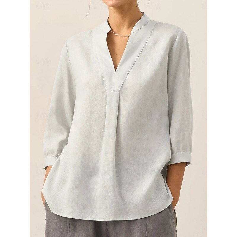 Women's Linen Shirts Plain Daily Modern 3/4 Length Sleeve V Neck Regular Tops Daily Holiday White Yellow Pink Khaki Light Grey Spring Fall