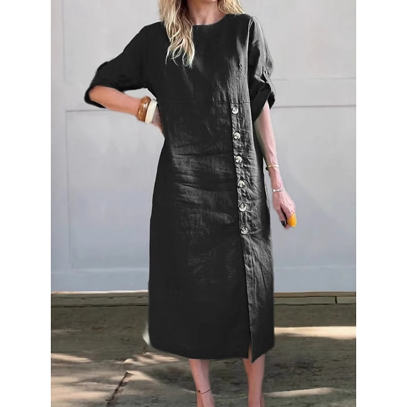 Women's Midi Dress Casual Dress Cotton Linen Dress Basic Modern Daily Weekend Regular Fit Plain 3/4 Length Sleeve Crew Neck Black Yellow Blue Brown Summer Spring Fall2