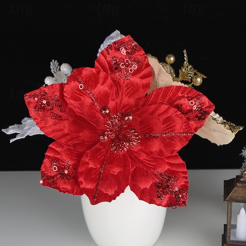 1pc Christmas Poinsettia Artificial Flower, New Glitter Sequin Holiday Decoration, Gold Faux Floral Hanging Ornament, Christmas Wreath Accessory3