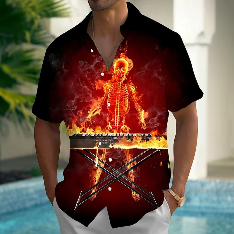 Men's Skull Flame Musical Instrument Shirt Button Up Shirt Short Sleeve Dark Punk Gothic Style Holiday Summer Spring Turndown 3D Print Collared Shirts Front One Pocket Black