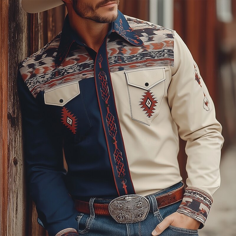 Men's Geometric Aztec Ethnic Shirt Western Shirt Cowboy Shirt Long Sleeve Vintage Retro Outdoor Casual WorkWear Spring Fall Turndown Front Two Pockets Linen Like Shirt Button Up Shirts Dark Blue4