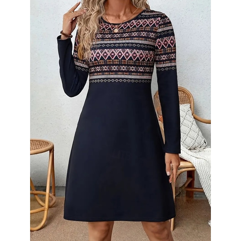 Women's Mini Dress T Shirt Dress Tee Dress Shift Dress Summer Dress Vacation Casual Party Daily Regular Fit Graphic Geometric Long Sleeve Crew Neck Dark Blue Spring Fall Winter2