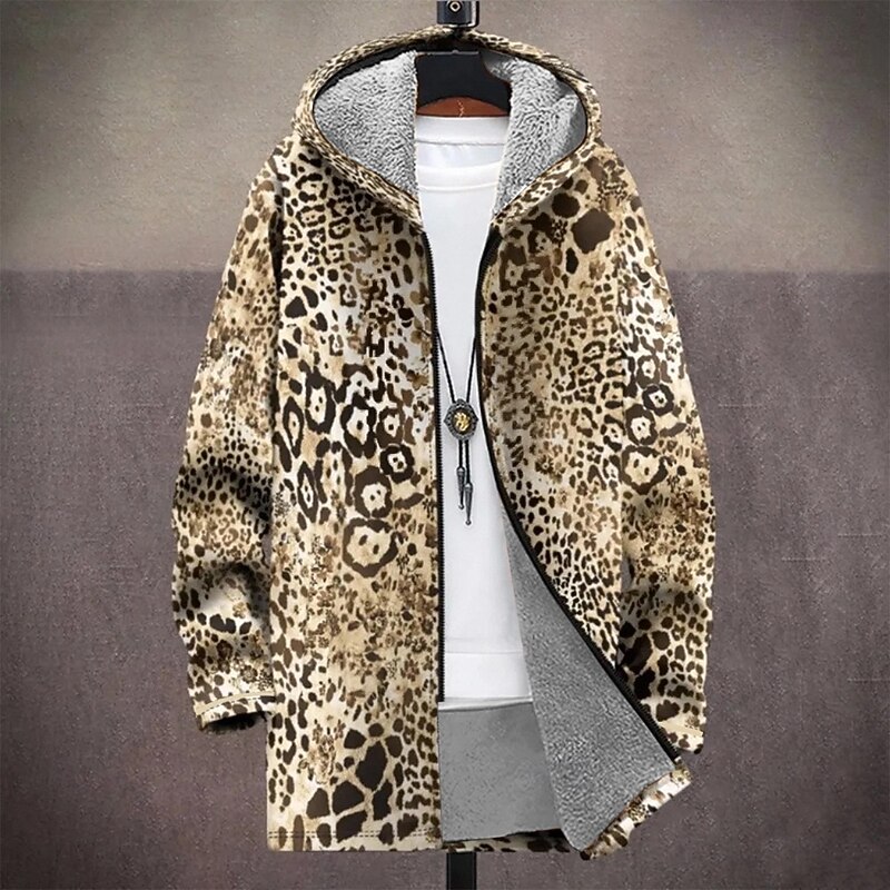 Men Leopard Print Winter Coat Fleece Jacket Coat Thermal Warm Comfortable Casual Daily Wear Zipper Pocket 3D Print Fall Winter Hooded Long Sleeve Brown2