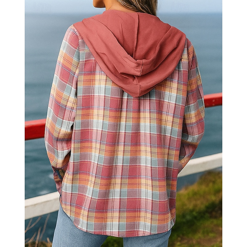 Women's Fall Outfits Shirts Jacket Coats Hooded Long Sleeve Top Athleisure Plaid Checkered Fashion Outdoor Travel Sports Sportswear Activewear Apricot Black Red2