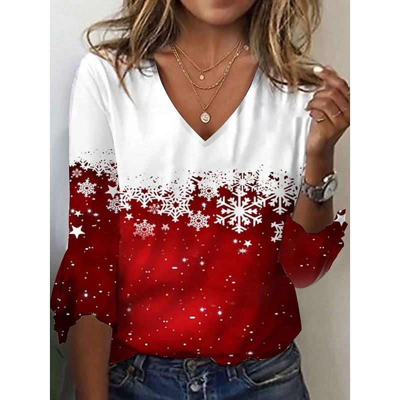 Christmas Women's T Shirt Graphic Snowflake Vintage Stylish Basic 3/4 Length Sleeve V Neck Regular Tops Daily Weekend Print Red Winter
