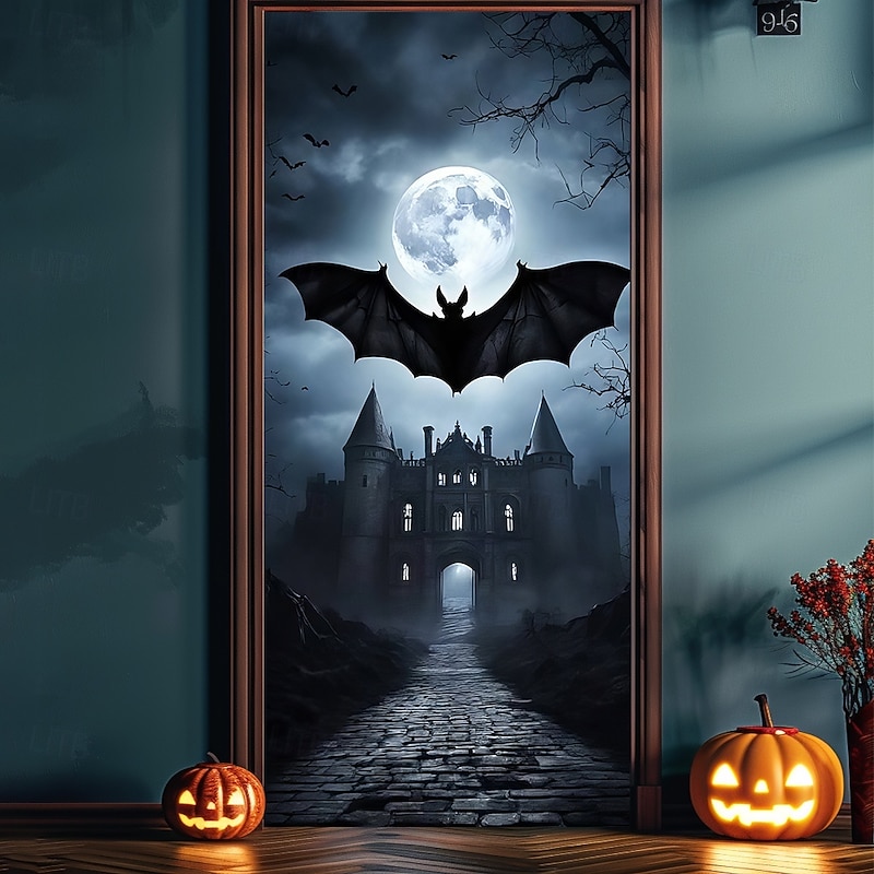 Halloween Door Cover Outdoor Banners Bat Castle Psychedelic Dark Punk Gothic Style Party Outdoor Shooting Backgrounds Front Door Wall Porch Home Decor
