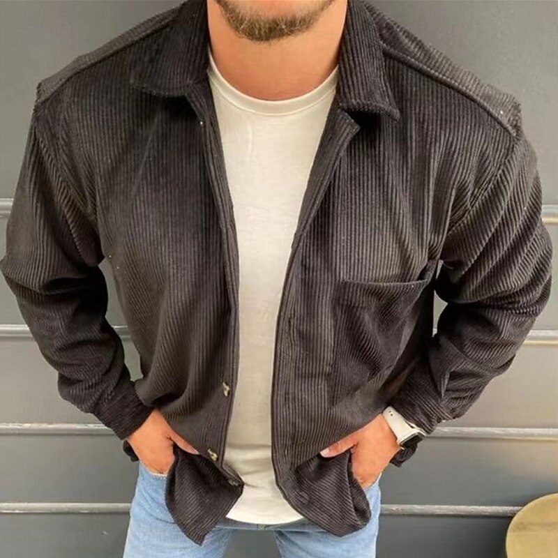Men's Corduroy Shirt Shirt Jacket Winter Jacket Plain Vacation Daily Wear Black Blue Khaki Long Sleeve Lapel Spring Fall Clothing Apparel Pocket2
